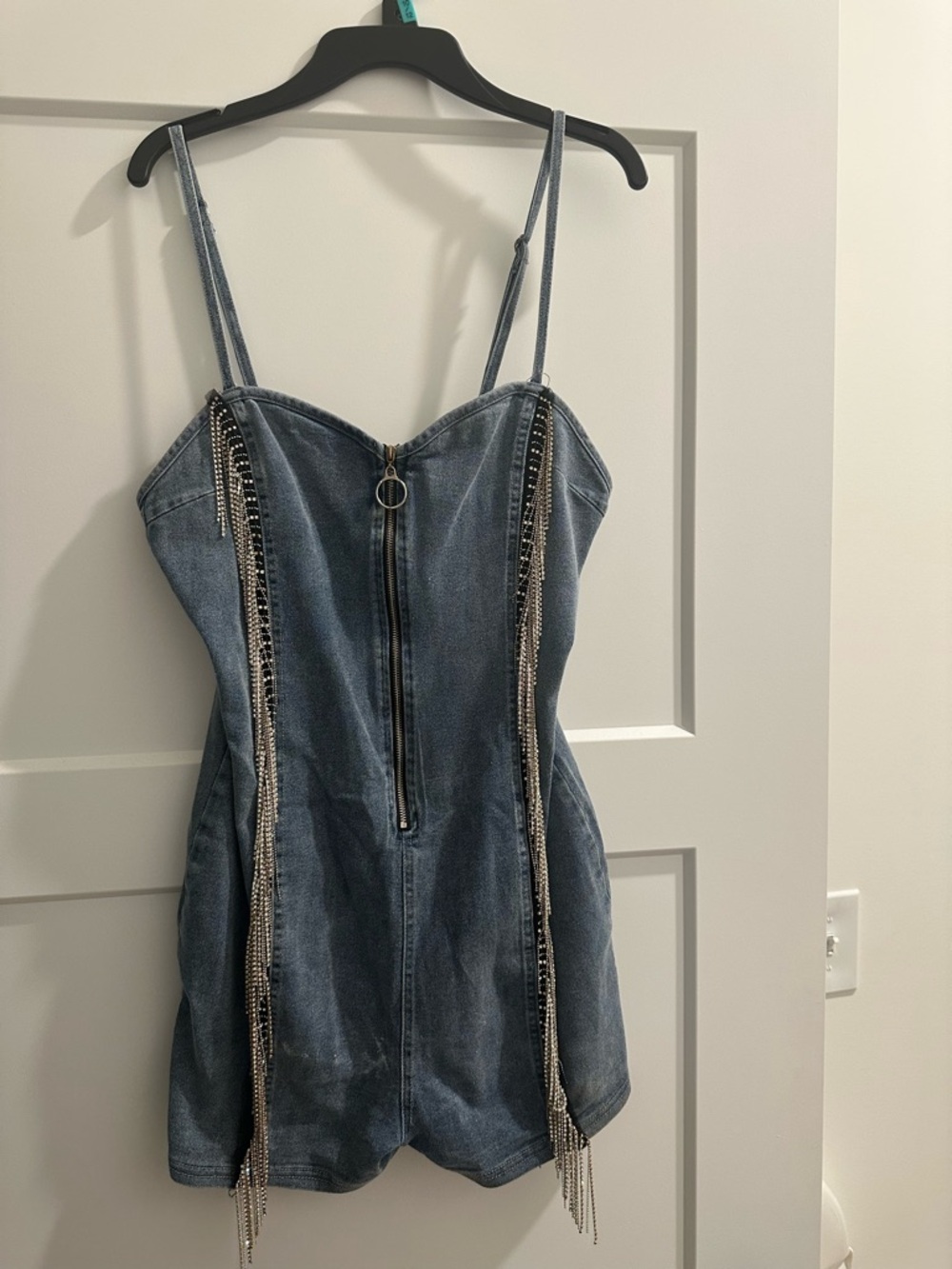 Denim Chain-Trim Romper Dress - Blue